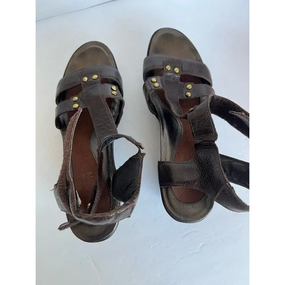 NAOT FLIRT Ankle T-strap Platform Wedge Heels Sandals Brown Leather Sz‎ 10 - 41